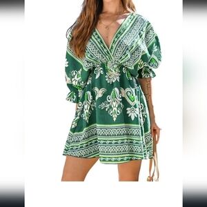 Cupshe Green and White Patterned Dress Size # S